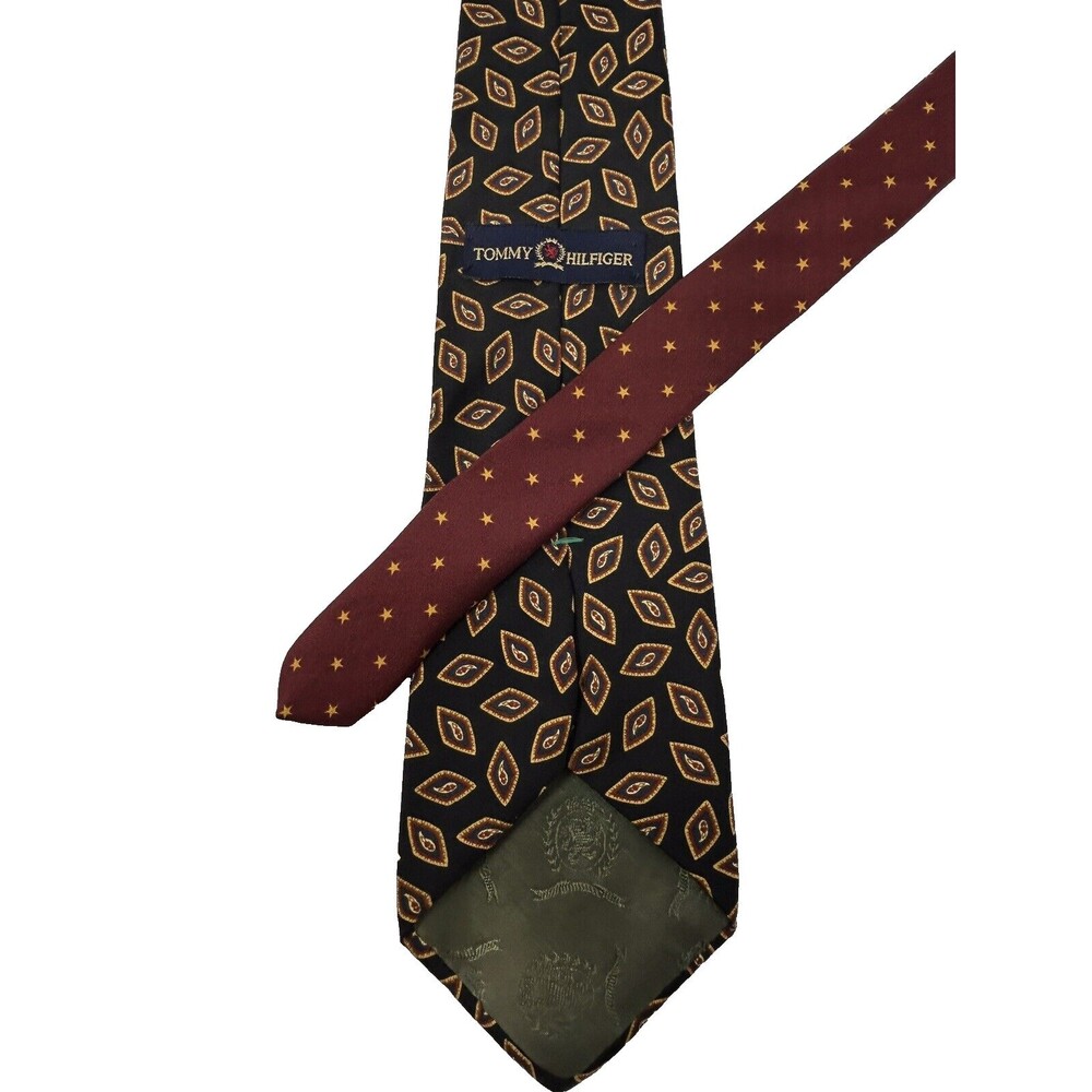 Tommy Hilfiger Black Maroon Gold Stars and Paisley 100% Silk‎ Tie 56"x 4" - Picture 5 of 7